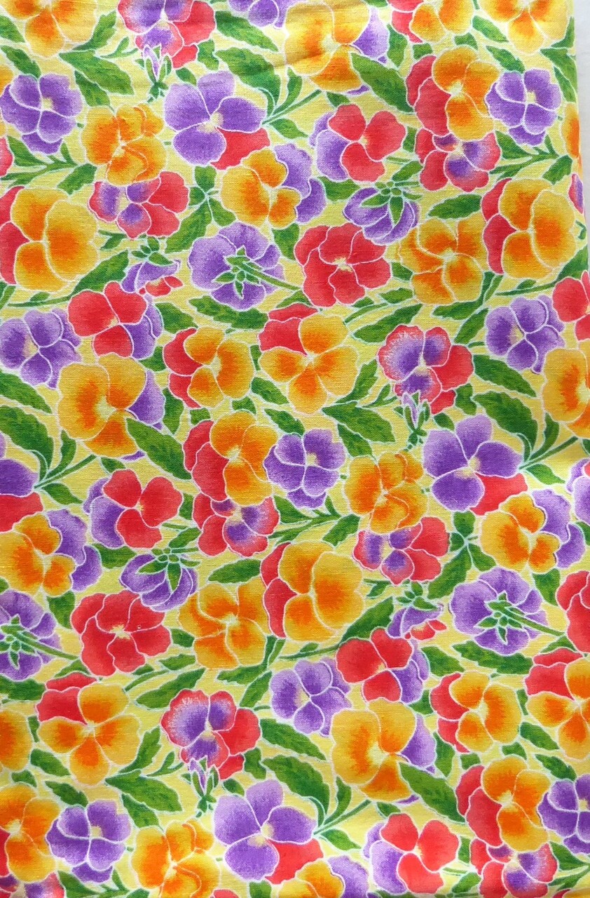 Vintage Pansies Purple Orange Yellow Cotton Fabric Sold by the Yard